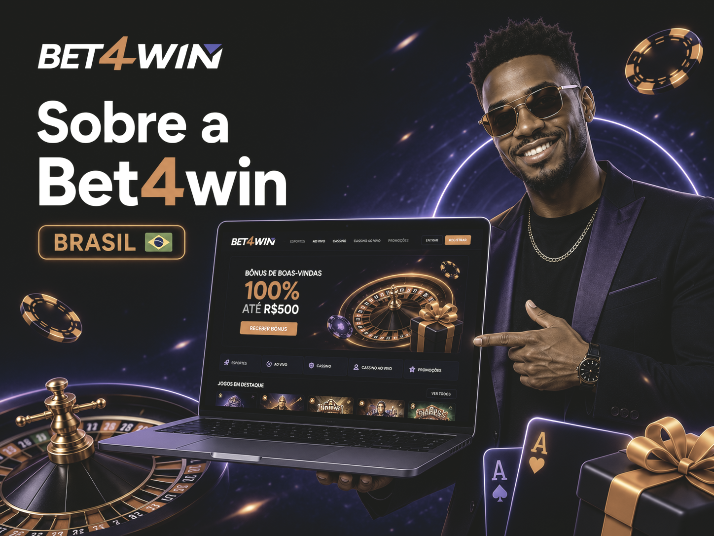 Ambiente da plataforma Bet4win com identidade visual da marca em tons dourados e roxos