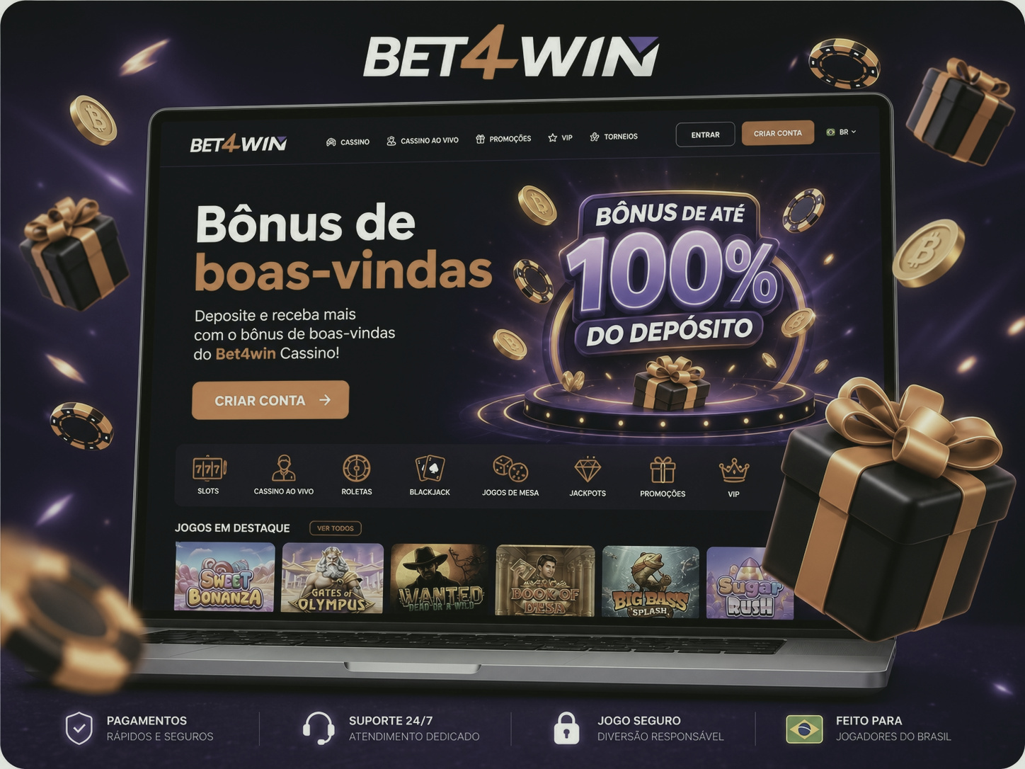 Painel de bônus e promoções da Bet4win com oferta de boas-vindas