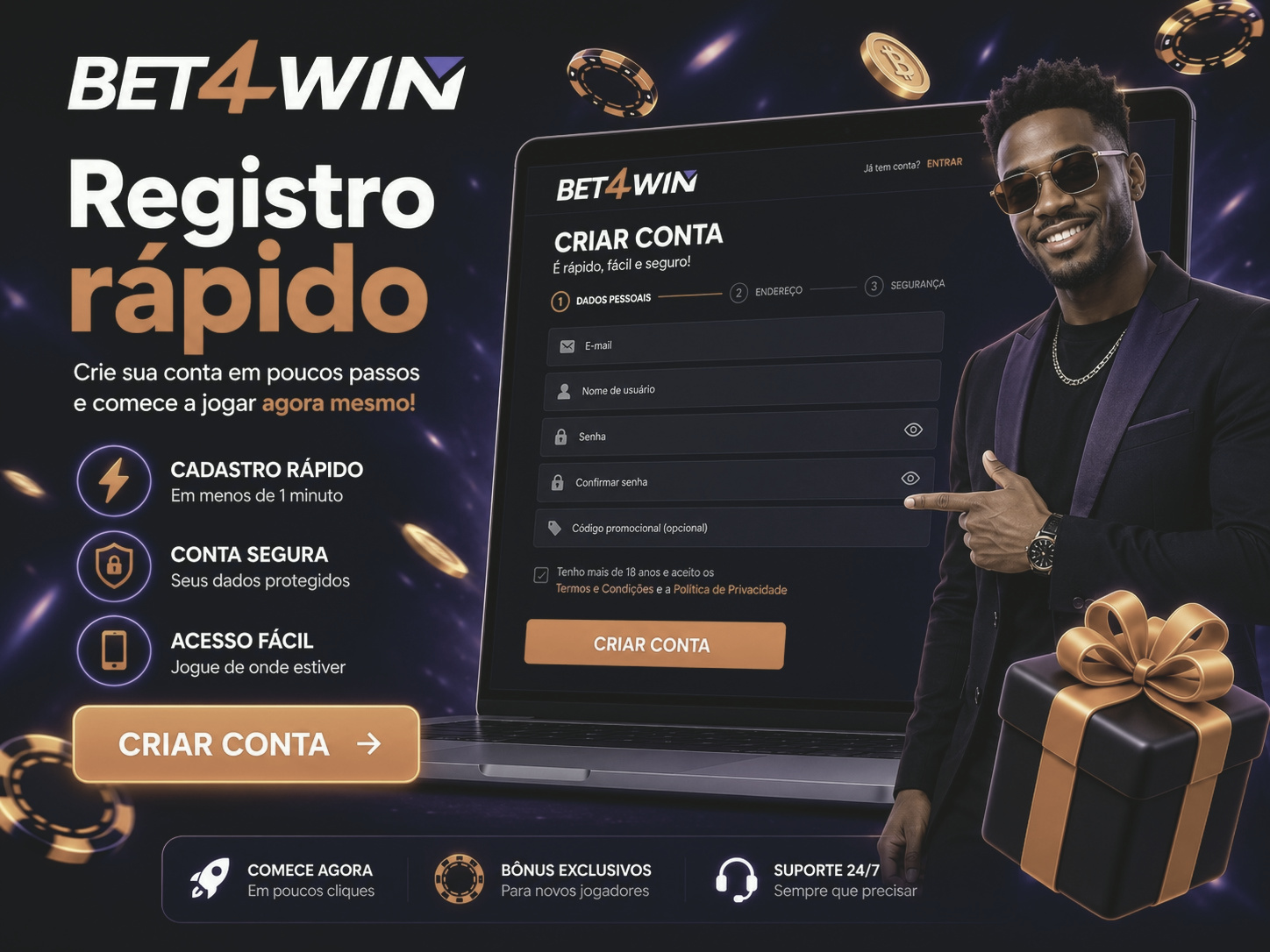 Tela de cadastro da Bet4win com formulário de criação de conta
